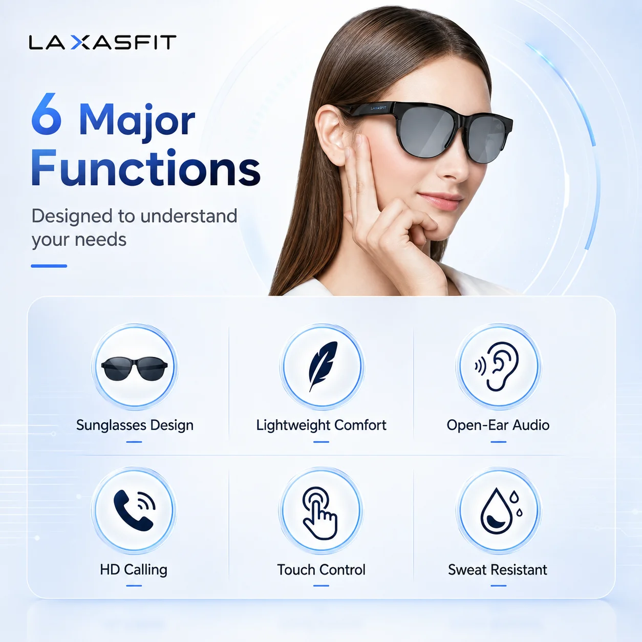 LAXASFIT Smart Glasses Bluetooth 5.3 Open Ear Stereo Sound Call Music Remote Camera Voice Assistant Sports Sunglasses Gift view 2