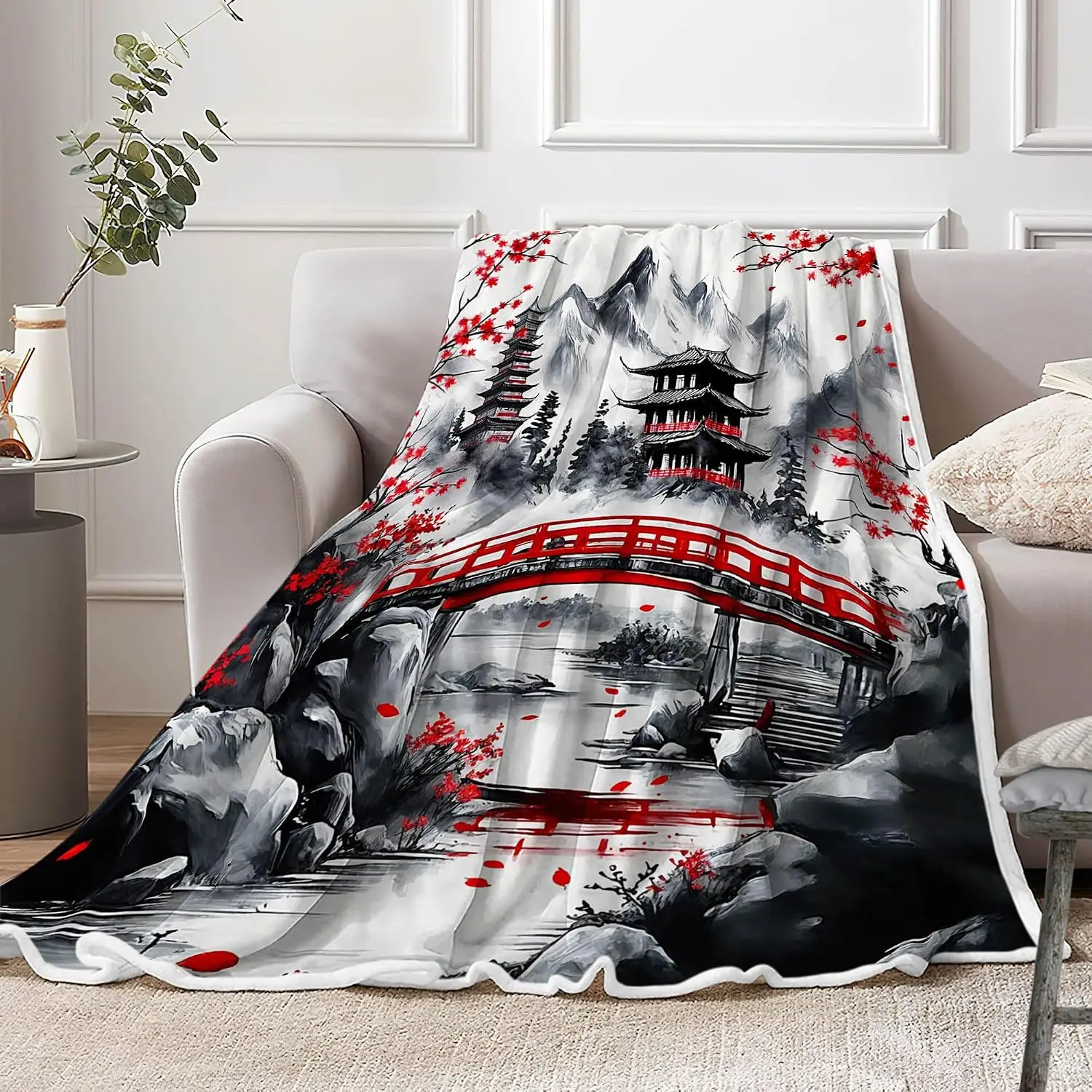 Chinese Ink Red Bridge Pagoda Plum Mountain Mist White Base Flannel Throw Blanket, Soft Warm Sofa Cover, Oriental Bedroom Rest