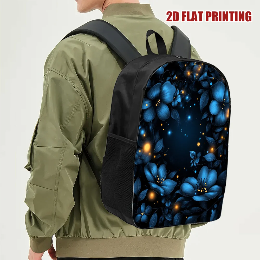 

2D flat print, blue floral night flower backpack, stylish and large capacity, perfect for work, school and weekend outings