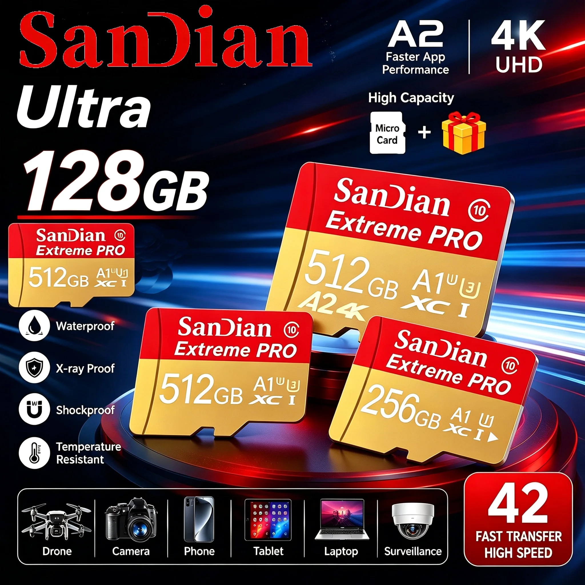 Durable Micro TF SD Card 64GB 32GB TF Cards 256GB 128GB SD Cards 512GB Memory Card V30 A2 for CCTV/Baby Monitor/Drone Camera