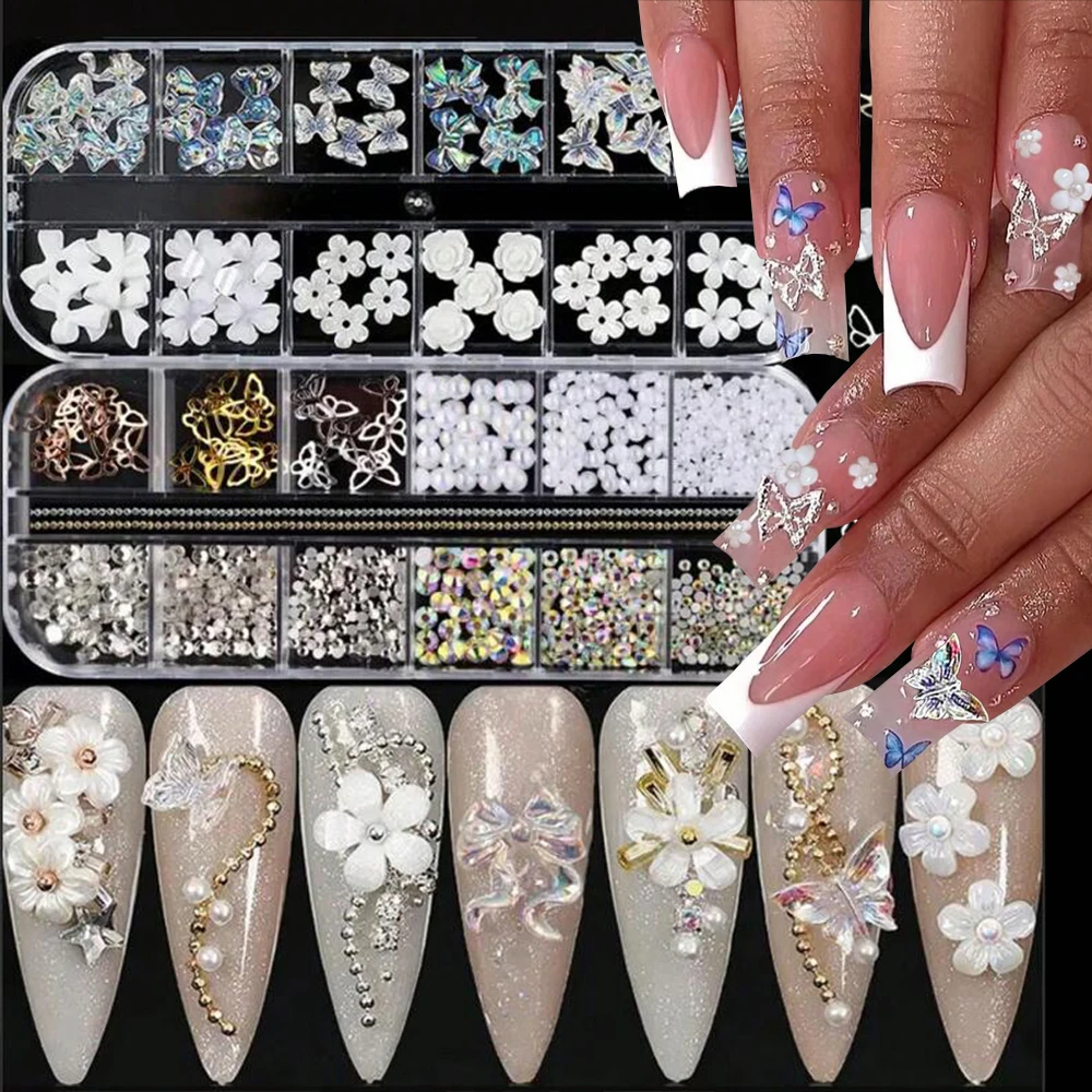 

2-Boxes 3D Pearl Flowers Bowknot Mixed Nail Charms Aurora Butterfly Rhinestones Nail Parts for DIY Crafts Nail Art Decorations*#