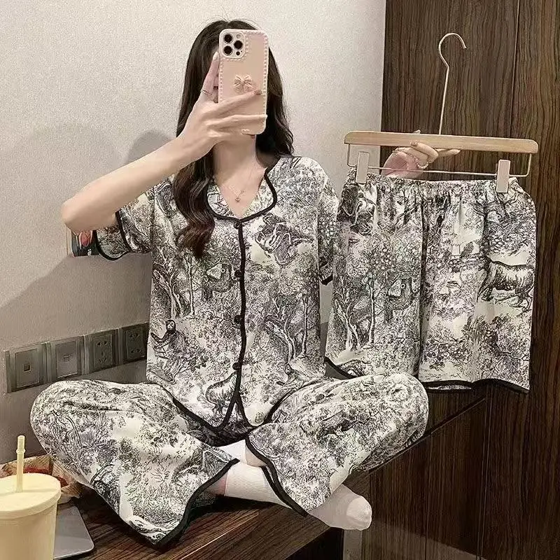 Women Summer Pajamas Set Short Sleeve Long Pants 3Pcs Cute Loose Homewear Outfit