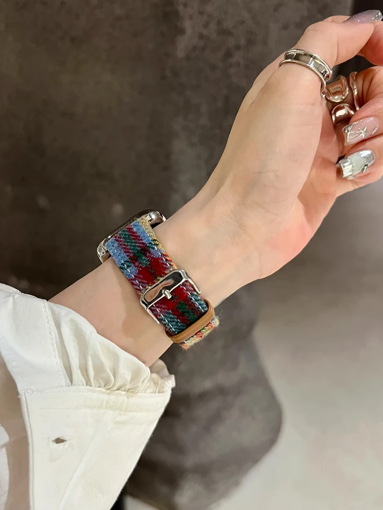 Retro Leather Band For Apple Watch 38mm 41mm 40mm 42mm 44 45mm 46mm 49mm Old Money Wool Strap For iWatch Ultra 10 9 8 7 SE 6 5 4