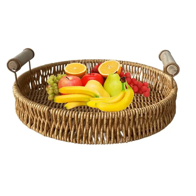 

Rattan Tray Hand Woven Food Basket Fruit Tray Multi-Function Afternoon Tea Snack Plate Decorative Basket Storage Tray