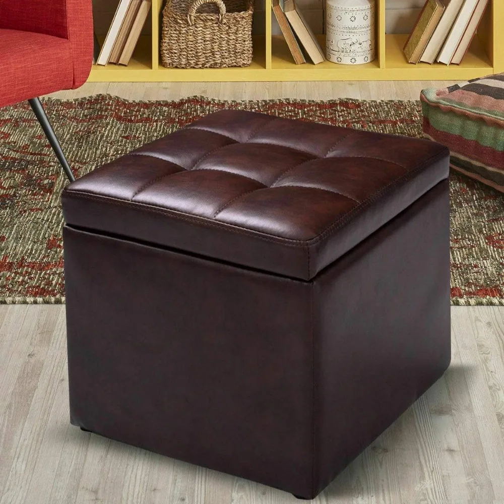 

Brown Square Storage Box Ottoman Seat Foot Stool Chair Cube Hinge Top 16"