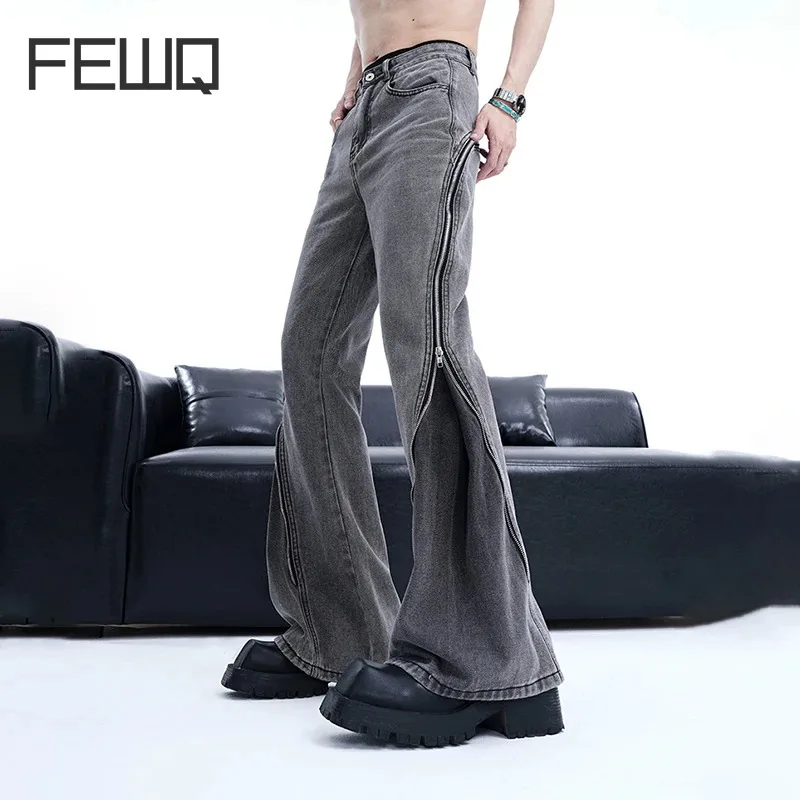 

FEWQ American Style Jeans Men's Summer 2024 High Street Zipper Bell-bottoms Bell-bottoms Solid Color Casual Trousers Men 24X9075