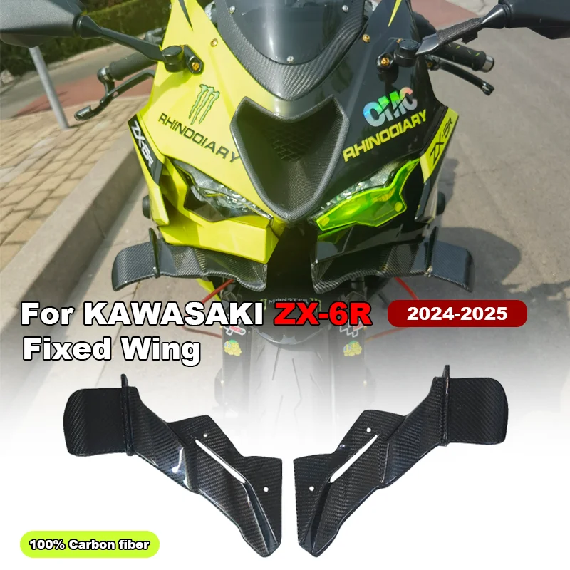

For Kawasaki New ZX-6R ZX6R 2024-2025 100% Carbon Fiber Motorcycle Naked Front Spoiler Winglet Aerodynamic GP Wing Kit Spoiler