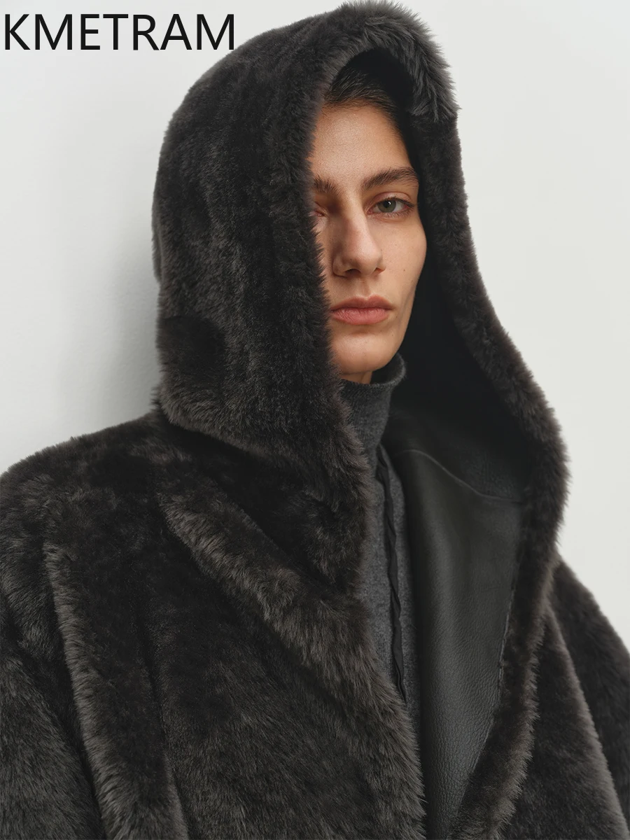 KMETRAM peau de mouton mérinos naturelle avec laine attaché manteau réversible vraie fourrure veste avec capuche 2025 hiver femme vêtements шу pia