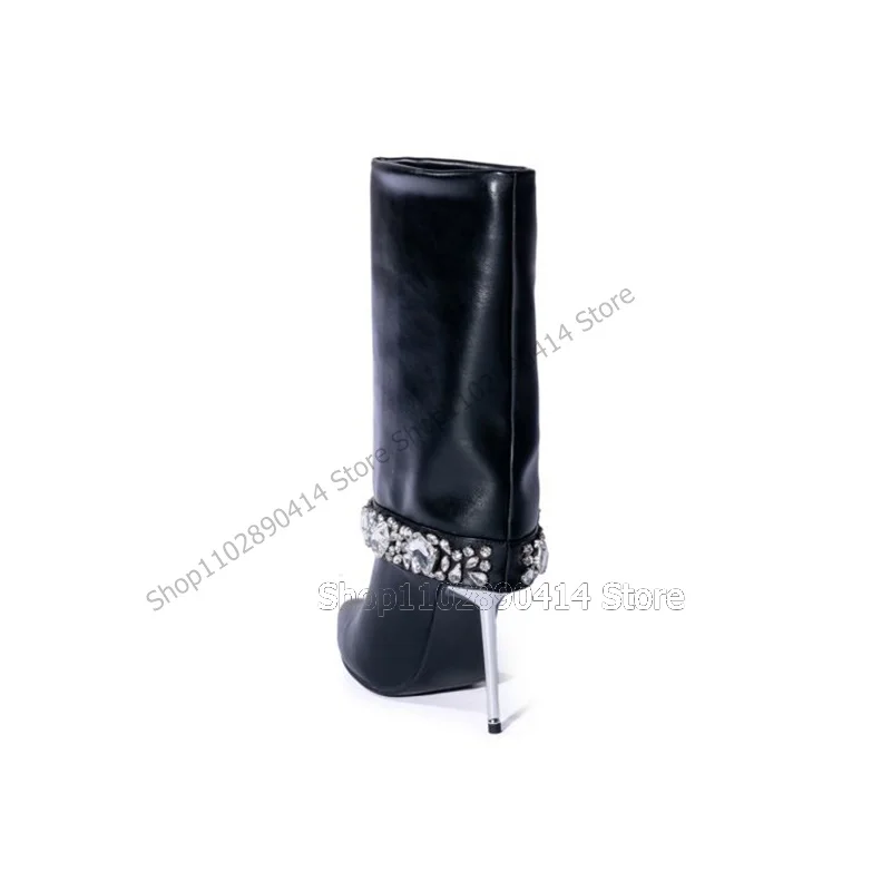 Botas femininas de salto de metal de dedo apontado, sapatos de bezerro médio, salto alto fino, decoração cristal, moda preta, 2023