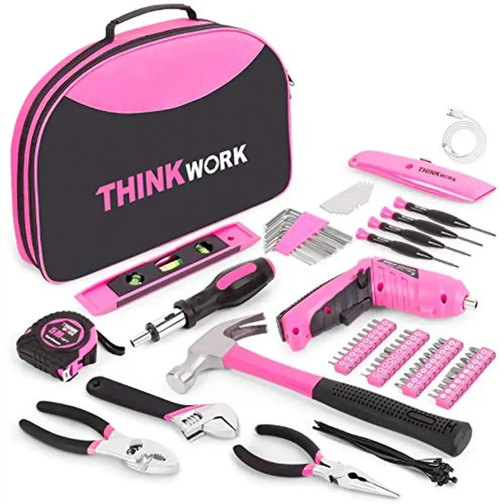 

122-Piece Pink Tool Set with 3.6V Rotatable Electric Screwdriver Women's Home Tool Kit Easy Carry Pouch DIY Gift Ladies Pink