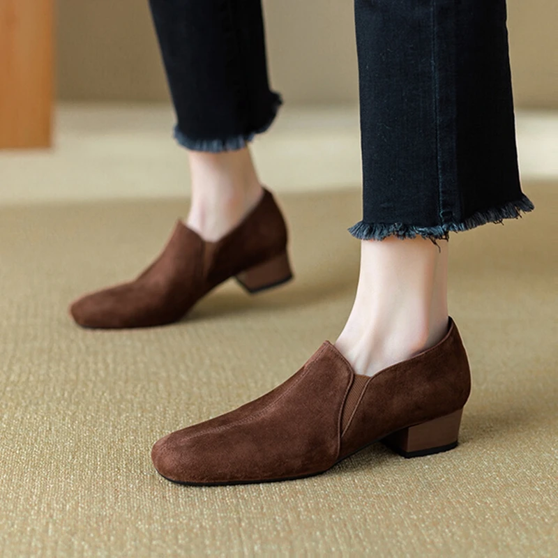 NEW Spring/Autumn Women Loafers Sheep Suede Leather Shoes for Women Square Toe Chunky Heel Soft Shoes Black Elegant Women Pumps