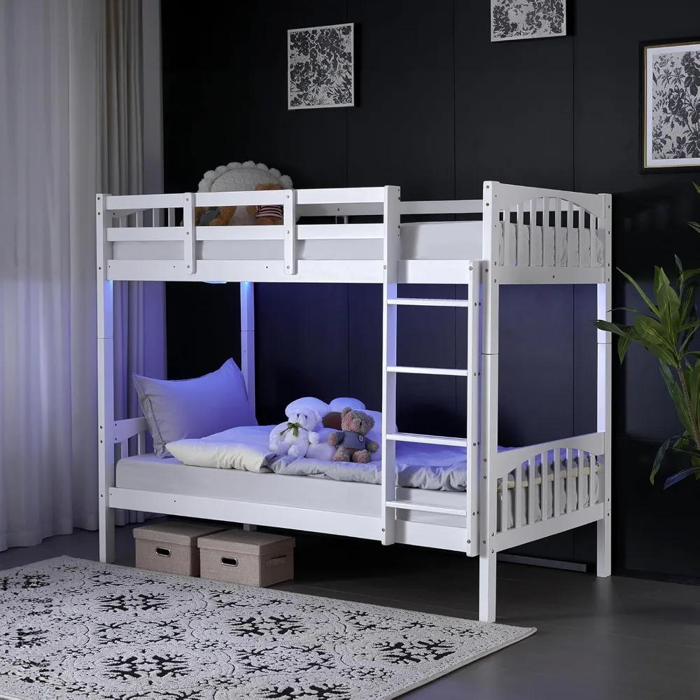 Bunk Bed Twin Over Twin with LED and Charging Station, High Guardrail and Wood Slats, Converts to 2 Individual Twin Beds