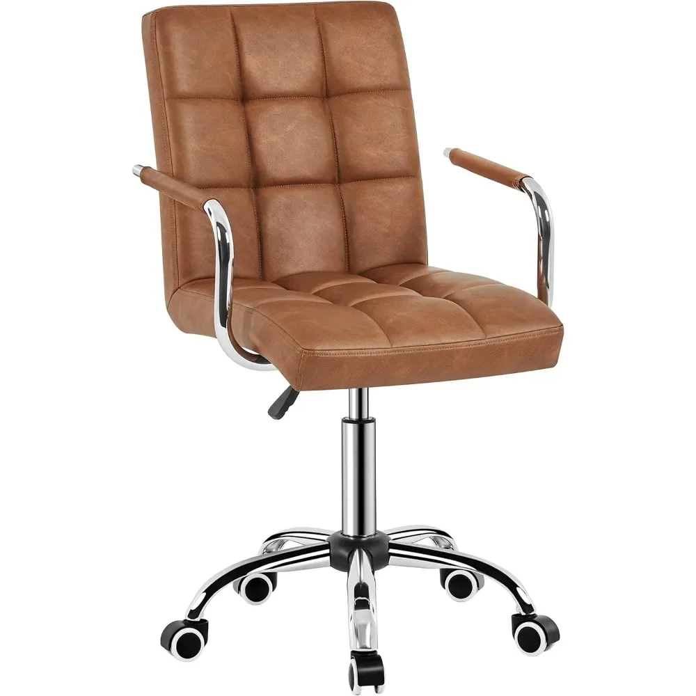 

PU Leather Comfortable Office Desk Chair Mid Back Height Adjustable Computer Swivel Chair w/Armrests, Retro Brown