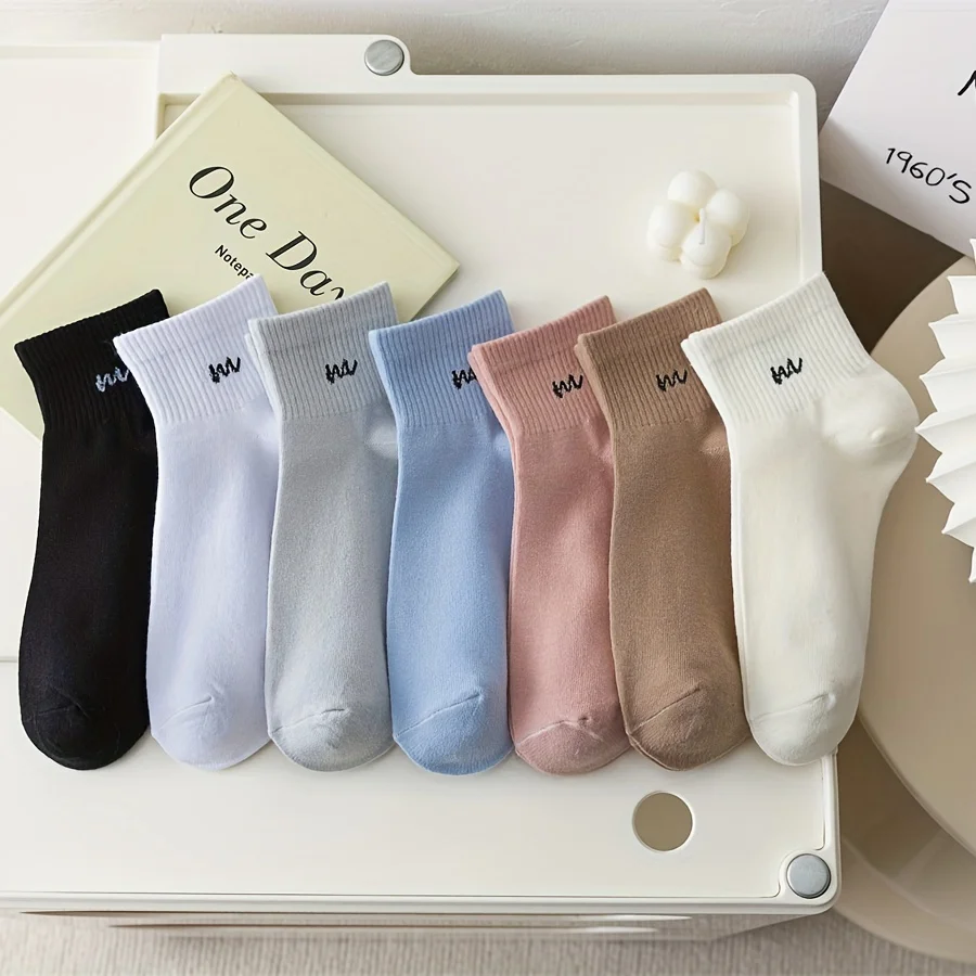 5 Pairs Letter Print Socks Comfy & Breathable Sports Short Socks Women\'s Stockings & Hosiery Soft & Comfy All-match Short Socks