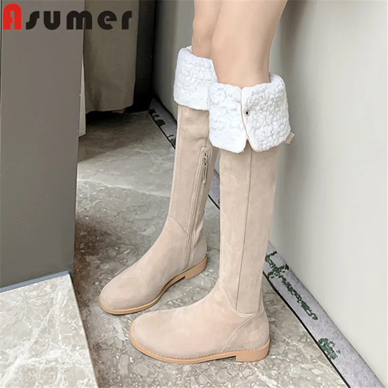 

ASUMER 2024 New Kid Suede Fashion Winter Plush Snow Women Boots Ladies Over The Knee Boots Zipper Square Low Heels Shoes