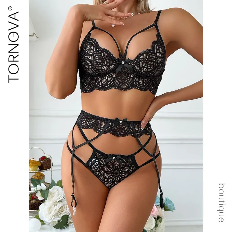 

Tornova Erotic Lingerie Black Lace See-through Thin Model Patchwork Gather Together Pure Desire Seductive Delicate Underwear Set
