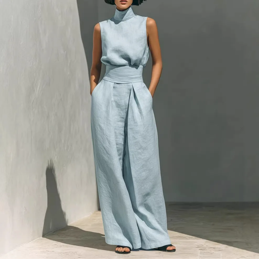

Summer Women's Loose Cotton Linen Sleeveless Top And Wide Leg Pants Set Casual High Waist Long Pants Comfortable Breathable