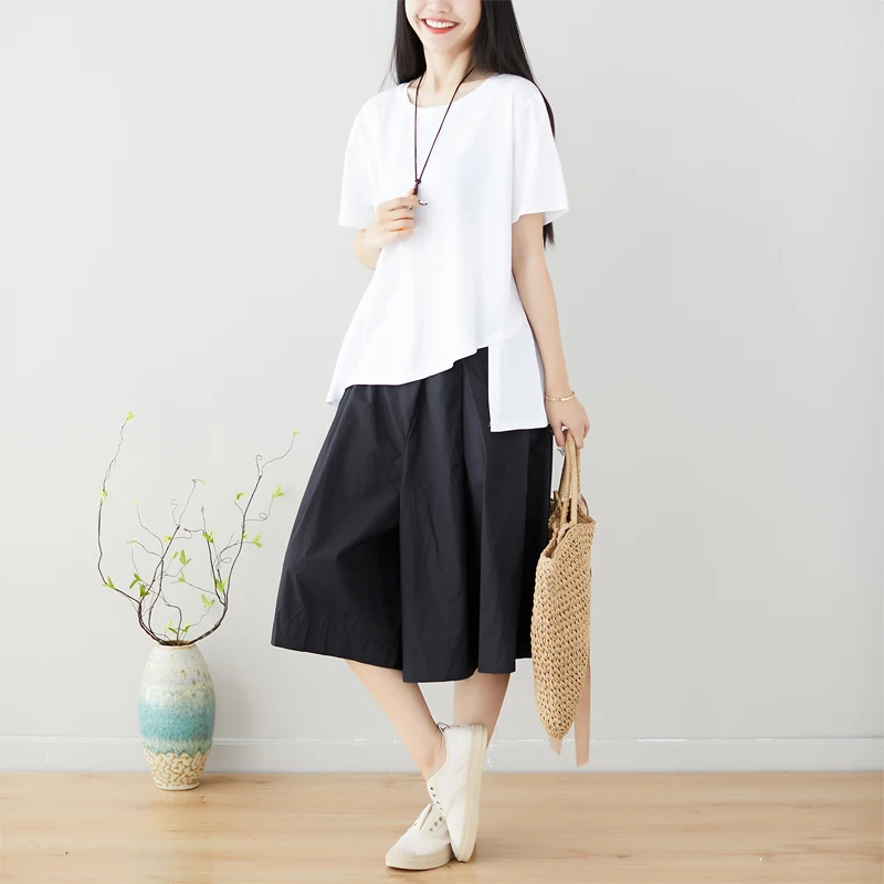 Slimming Effect Summer New Style Women's Fashion Set Short Sleeve T-Shirt Wide Leg Skirt Pants Two-Piece Cotton Blend Ensemble