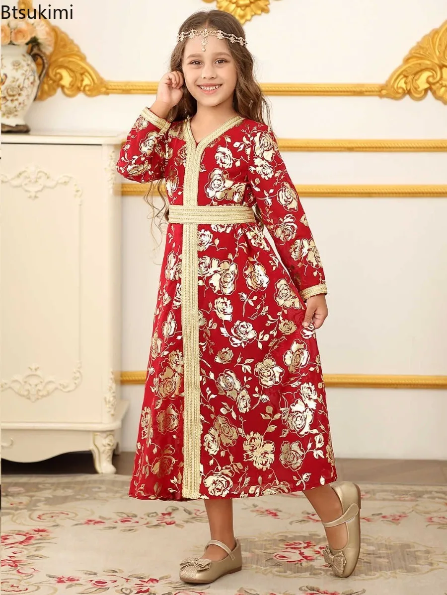 Arabic Dubai Gowns Girls Muslim Dress Middle East Clothes Fashion Birthday Party Prom Dresses Ethnic Style Islamic Kaftan Robes 5