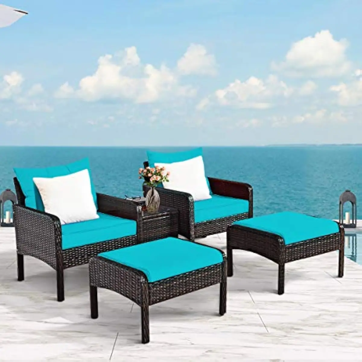 5-piece modern outdoor seating ensemble featuring PE rattan sofas ottoman and square glass-top side table in turquoise hue engin