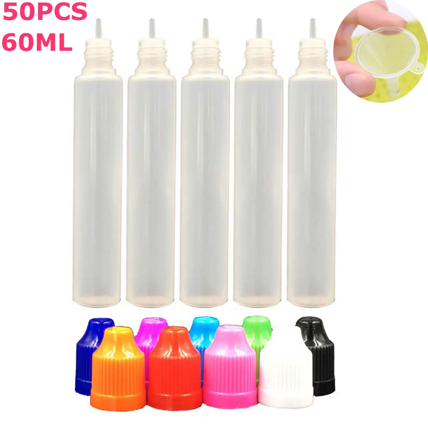 

50PCS X 60ML LDPE Empty Long Pen Shaped Squeezable Liquid E Juice Oli Eye Dropper Bottles Jars Containers with Plastic Caps Tips