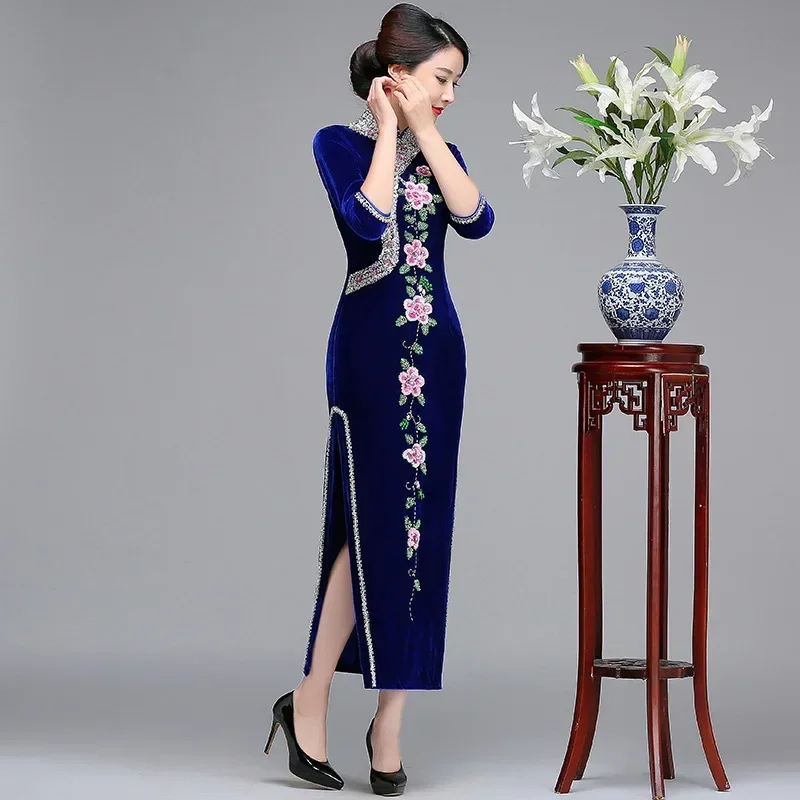 

Classic Handmade Beads Women Chinese Dress Traditional Mandarin Collar Qipao Elegant Half Sleeve Cheongsam Chinese Style Vestido