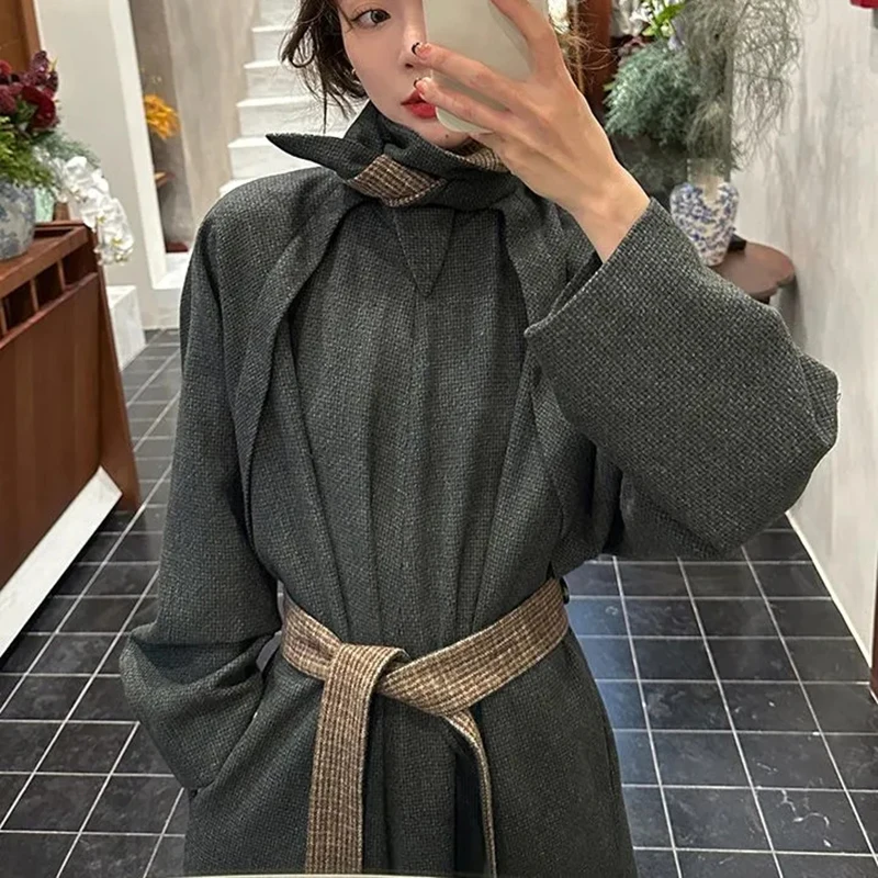 

Новинка 2023 года, корейское винтажное серое утепленное платье, женское платье с высоким воротником и поясом, тонкие карманы с длинными рукавами, теплая осенне-зимняя модная одежда