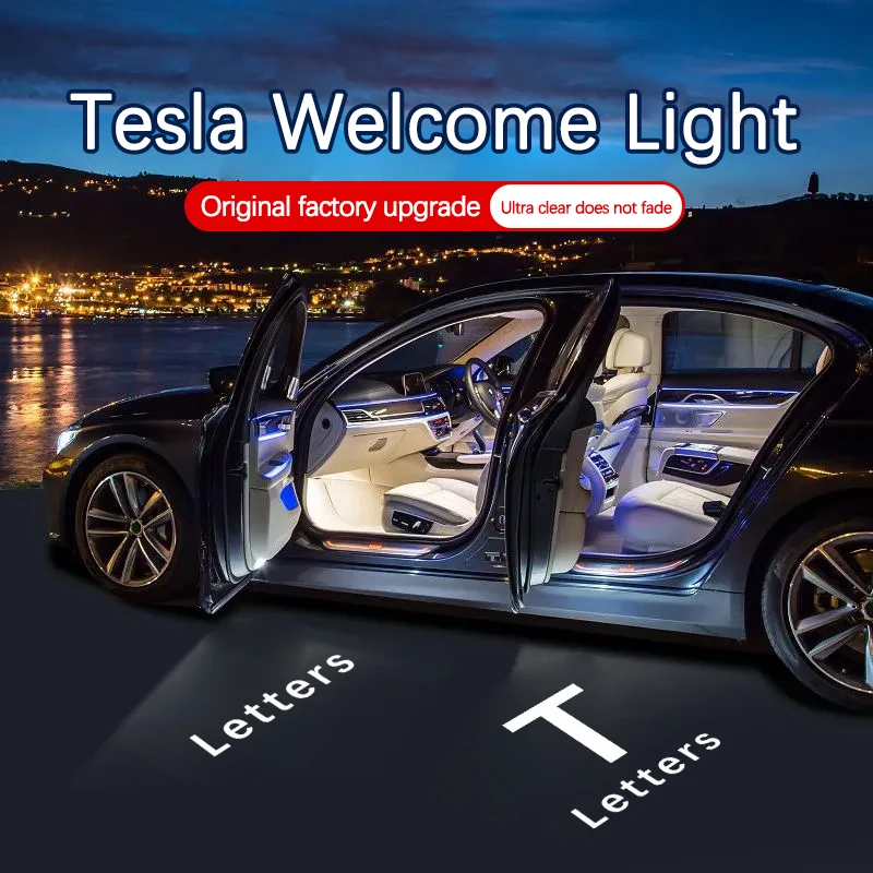 Luz de boas-vindas para porta de carro para Tesla Model 3, Model Y, Model S, Model X, lâmpada LED HD com ícone de cortesia, projetor de luz ambiente.