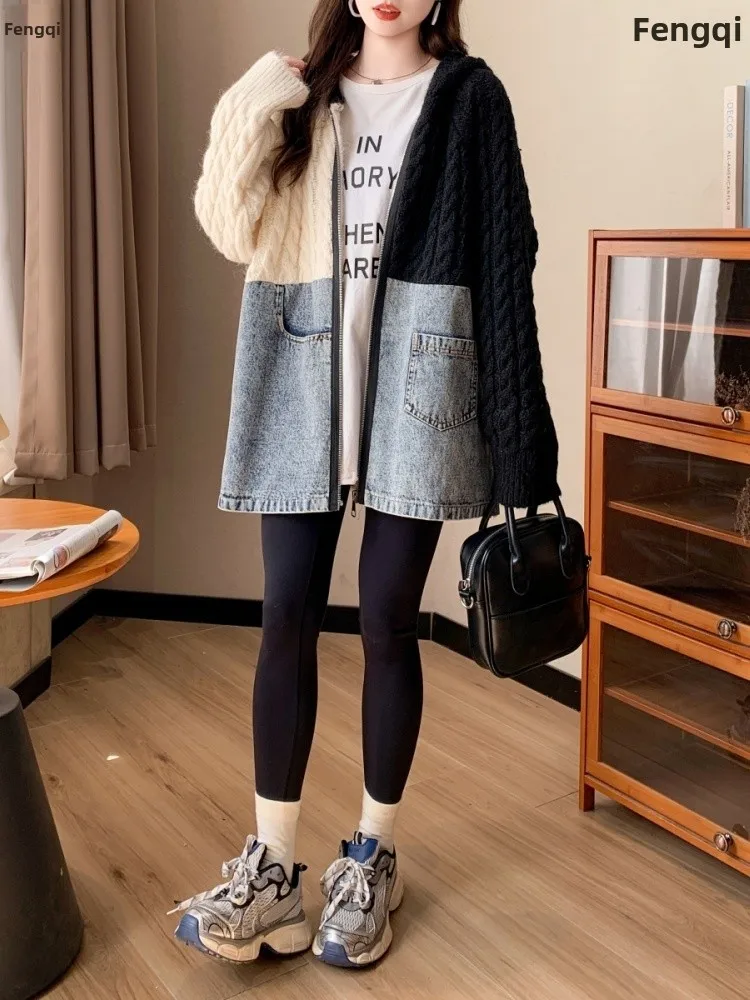 

Оригинальный дизайн, джинсовый лоскутный открытый кардиган с капюшоном Lazy Sle, женский осенне-зимний новый модный универсальный вязаный топ