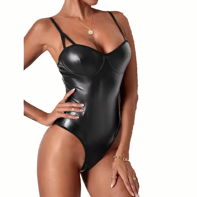 

Hot Sale Sexy Spaghetti Strap Bodysuit Patent Leather Jumpsuit Backless Onesie Women Nightgown Sleepwear Fun Lingerie BodyShaper