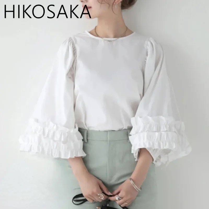 2024 frühling Sommer Japanischen Chic Einfache Feste Bluse Frauen Oansatz Plissee Laterne Hülse Lose Shirts Alle-spiel Elegante Blusa