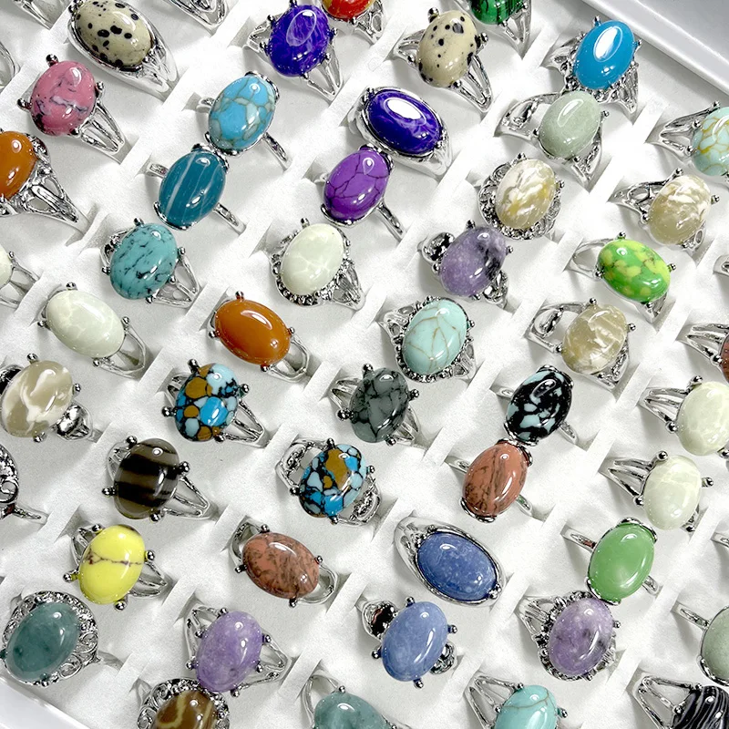 100 Pieces /Lot Mixed Colored Stones Turquoise Silver Plated Ring For Ladies Girls Women's Wedding Jewelry Wholesale Lots NO4211