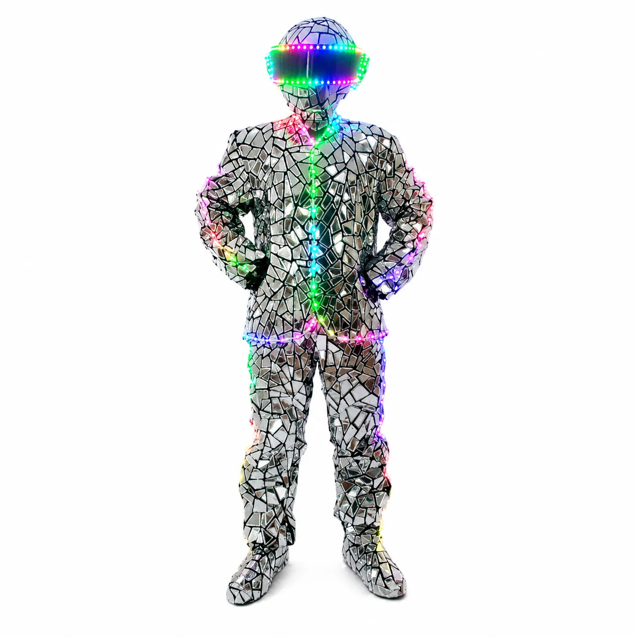 

Silver Gold Mirror Robot Costume with LED Lights Glowing Silver Mirror Man Suit for Nightclub Event Performance