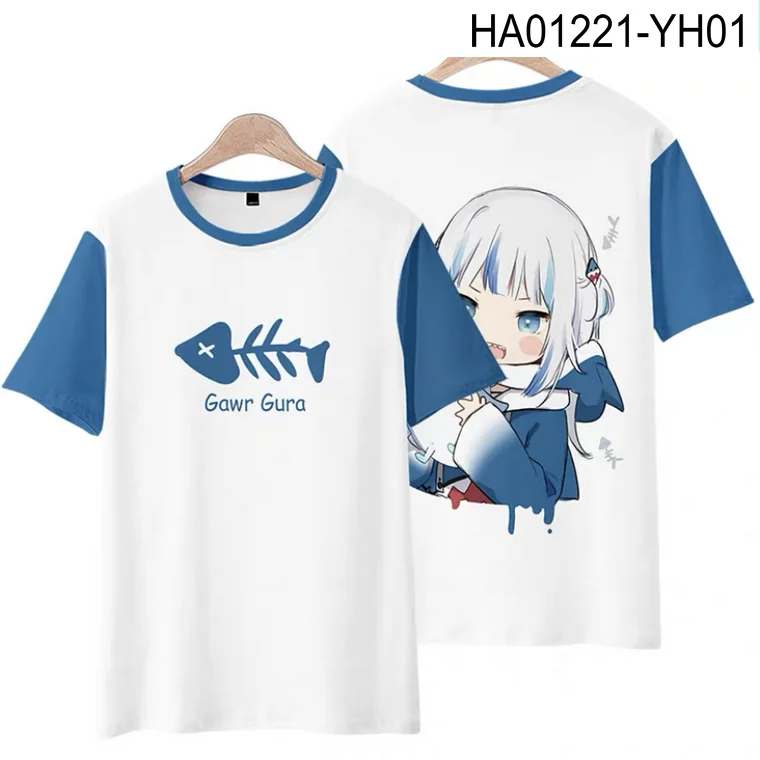 Gawr gura-T-shirt imprimé VTuber, col rond, manches courtes, streetwear japonais populaire, grande taille, mode estivale