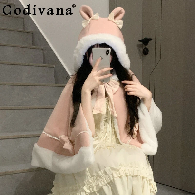 

Lolita Plush Capes Jacket Female Sweet Cute Bow Lace-Up Warm Thickened Autumn and Winter New Ponchos for Women Clothing 2024