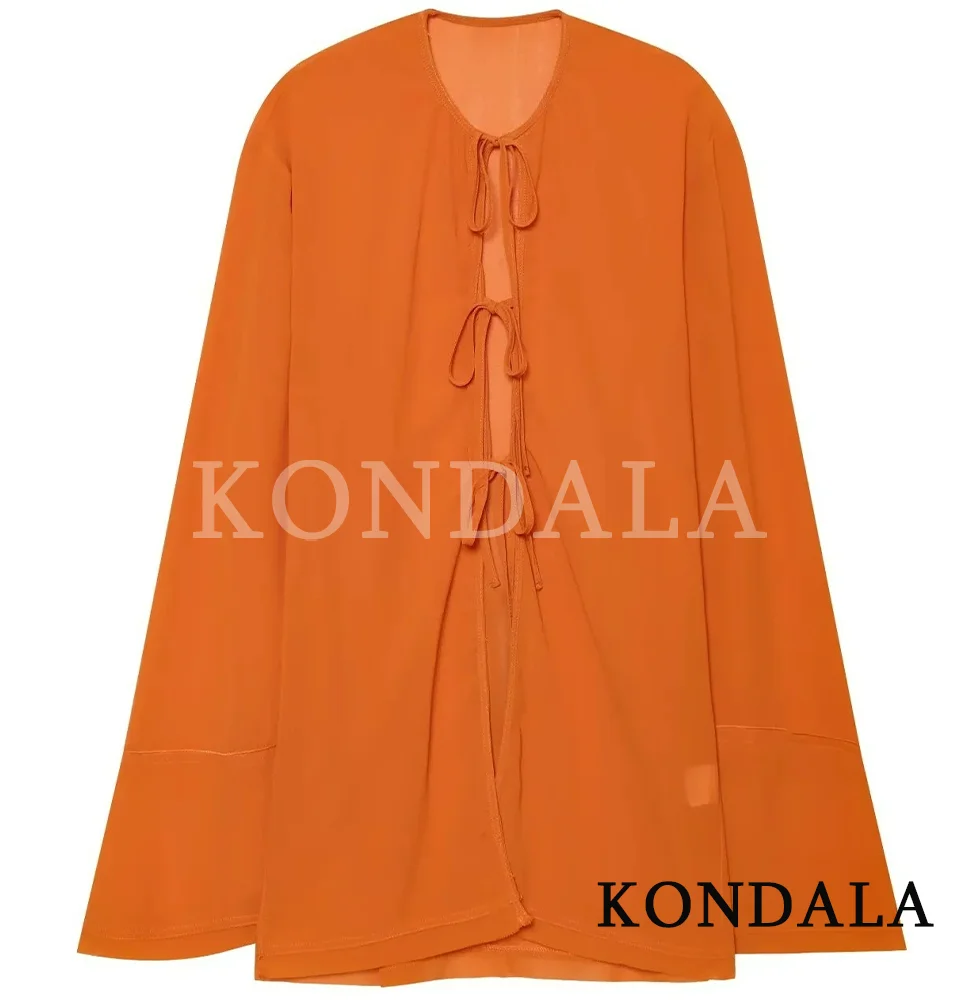 KONDALA Women Trendy Holiday Beach Shirts O-Neck Bow Lace-up Long Sleeve Loose Shirts New Fashion 2026 Summer Fall Mujer Blouse