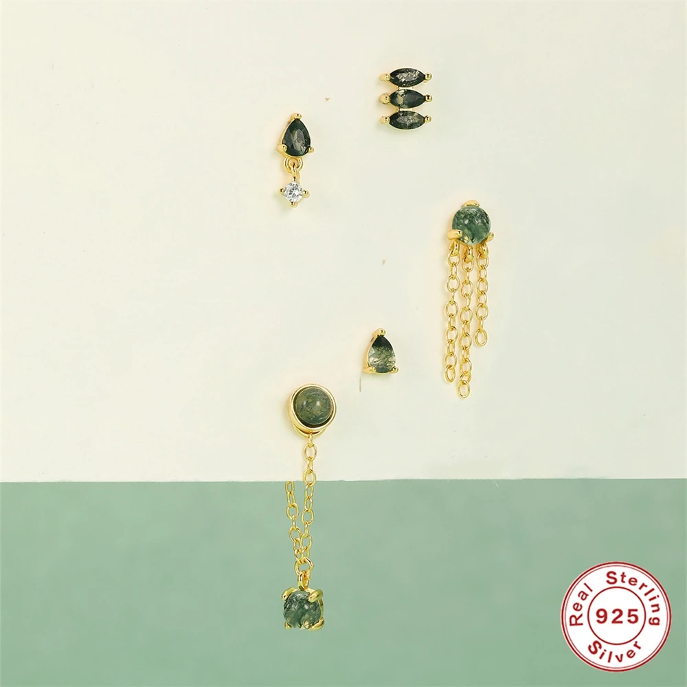 

AIDE 1PC Real 925 Sterling Silver Green Agate Stud Earring INS New Design Small Daily Wear Ear Bone Studs Party Fine Jewelry