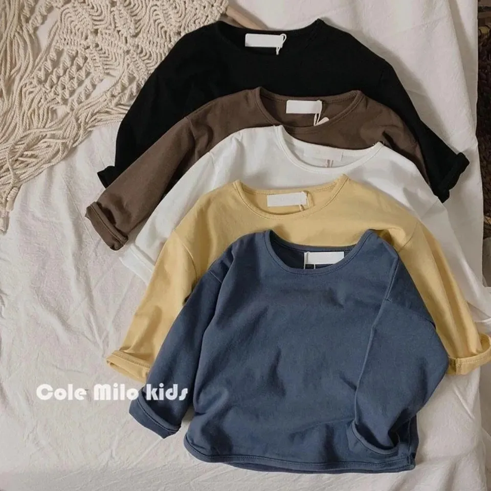 

Solid Color Classical Children Bottoming Shirt Tops Kids Clothing Cotton Comfort Baby Casual Long Sleeve Tshirts Round Collar