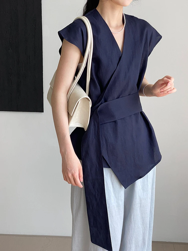 YERMORA White Linen Asymmetric Ribbon Casual Blouse For Women V-neck Sleeveless Loose New Vest Shirt Fashion Tdie Spring Summer