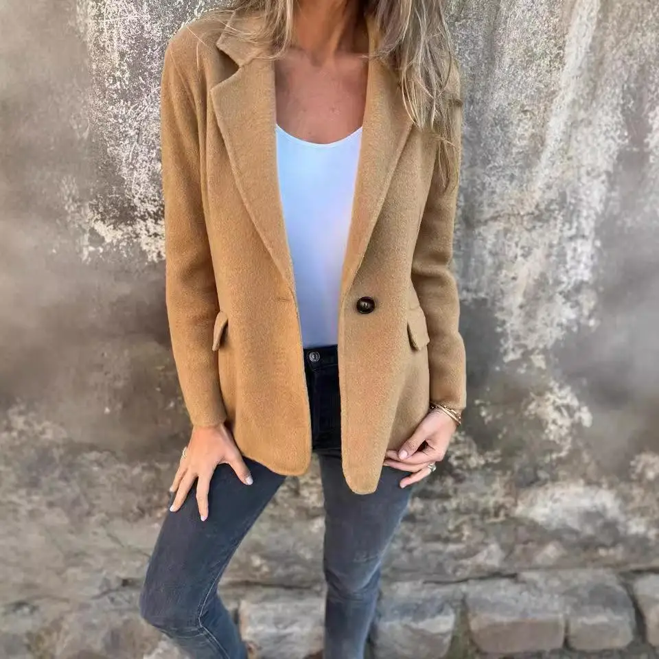 

Ele Women's Woolen Collar Suit Jaet with Fake kets Casual Busin Long Sve Polyester Fiber Pure Color Jaet