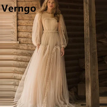 Verngo Champagne Tulle Prom Dress Puff Sleeves  O-Neck Ruffles Fairy Evening Dresses Women A Line Prom Gown Customized