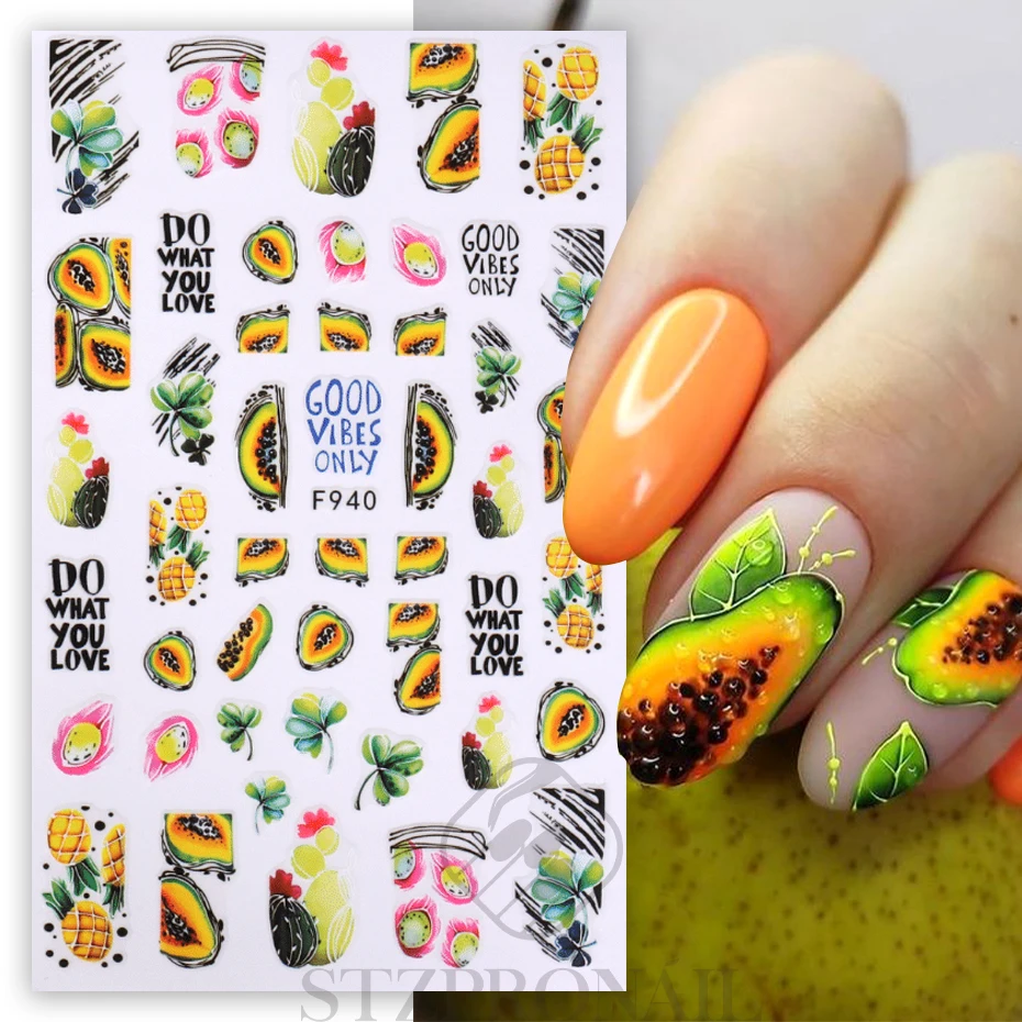 3D Lemon Nail Stickers Strawberry Watermelon Kiwi Pawpaw Cherry Peaches Decals Summer Fruit Design DIY Nail Art Decoration SLF