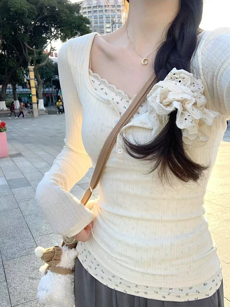 2025 الأزهار المرقعة كم طويل الدانتيل سترة بلوفر مغزول المرأة سليم صالح سترة الكورية نمط الخريف ملابس شتوية متماسكة القمم