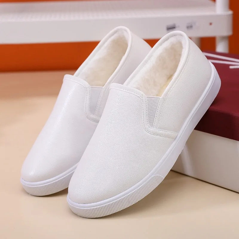 Winter Cotton Shoes for Women Leather Topped White Shoes Women Versatile Korean Style Slip on Lazy Loafers Casual White Shoes