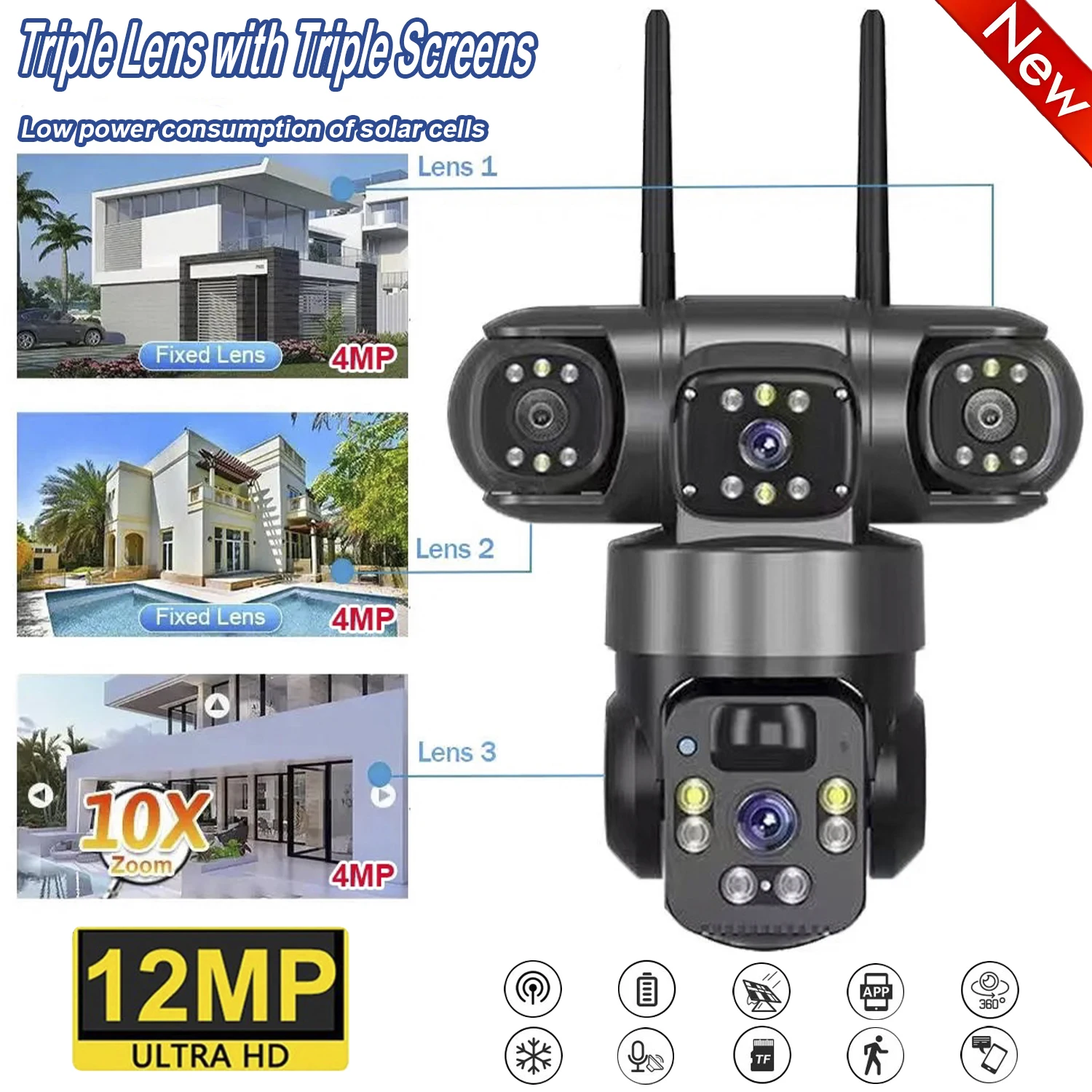 

Solar Camera 4G Sim Outdoor 3 Lens 3 Screen 10X Zoom PIR Human Detect Cameras Waterproof Night Vision CCTV Security Protection