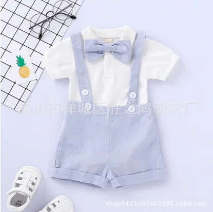 2 Pcs Baby s Gentleman Suit Stand Collar Short Sleeve Solid Color Romper Button Suspender Trousers Bow Tie