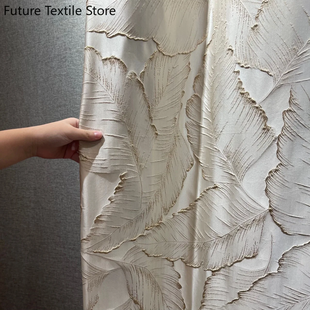 New High-precision Embossed Gold Thread Jacquard Beige Leaf Three-dimensional Curtain Curtains for Living Dining Room Bedroom