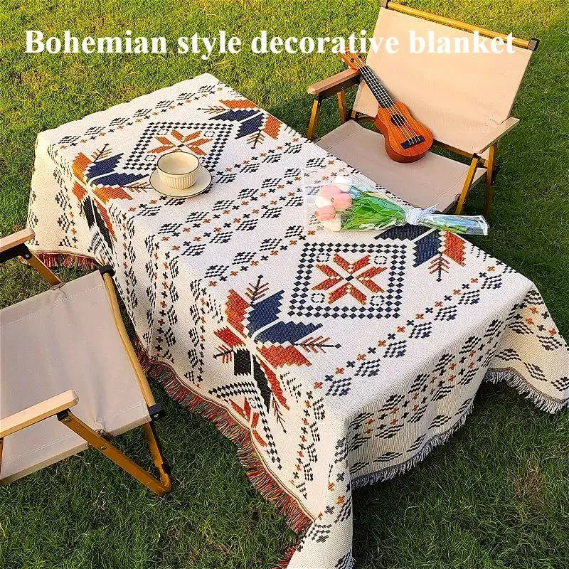 Outdoor Camping Carpet, Bohemian Style Decorative Blanket, Travel Picnic Mat, Leisure Mattress Sofa Cover, Tassel Linen Fabric