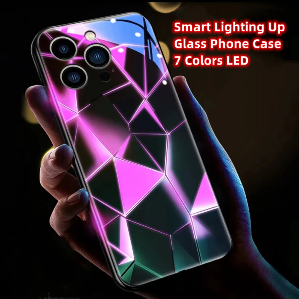 

Rhombus LED Voice Sound Music Control Luminous Night Light Up Phone Case For iPhone 16 15 14 13 12 11 Pro Max X XR XS Plus SE