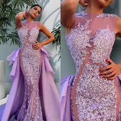 Design Evening Dresses Mermaid Appliques Illusion Sequins Sleeveless Detachable Train Prom Dress Vestido De Noite Customized